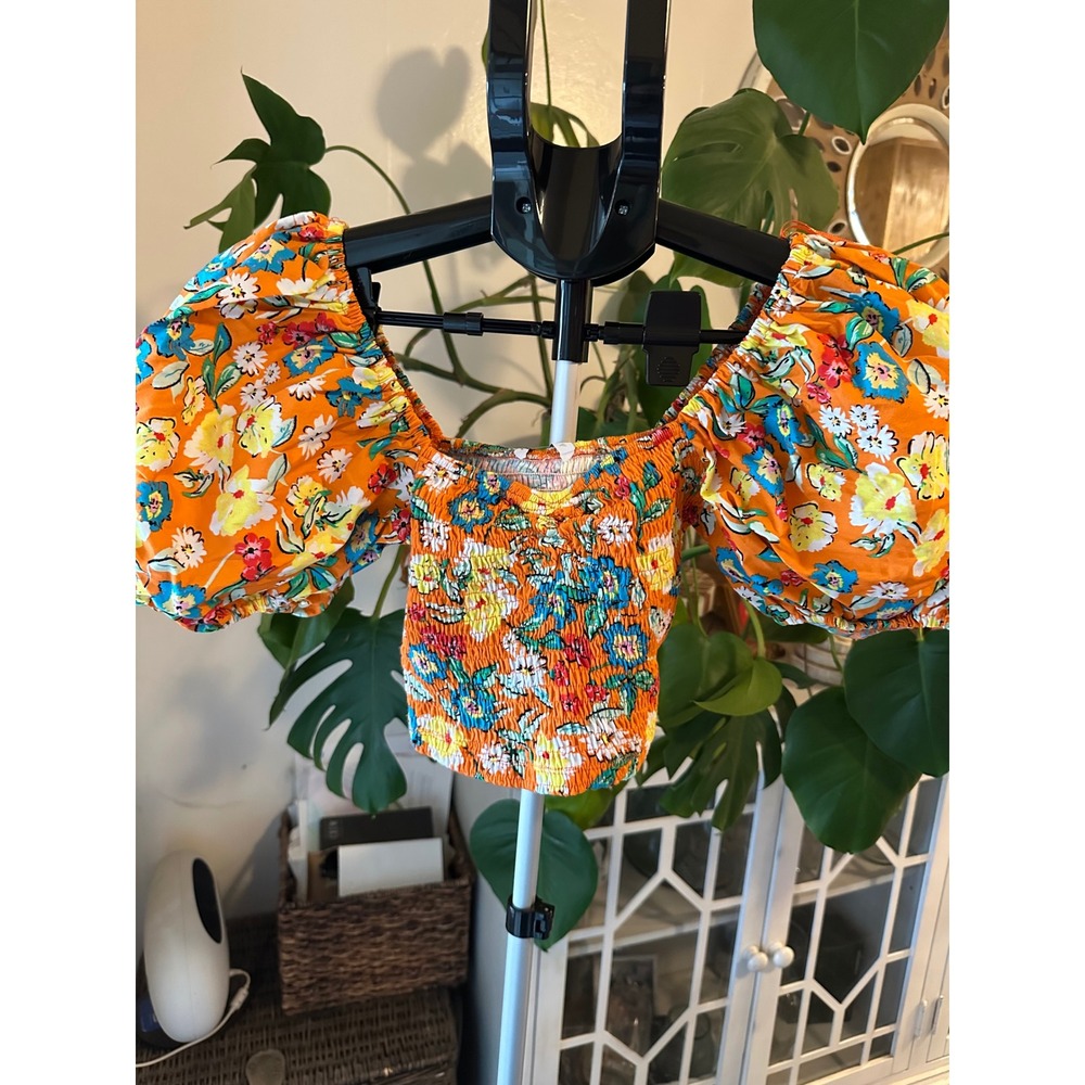 NWT ZARA Floral Smocked Puff Sleeve Crop Top - Orange Multi - Small